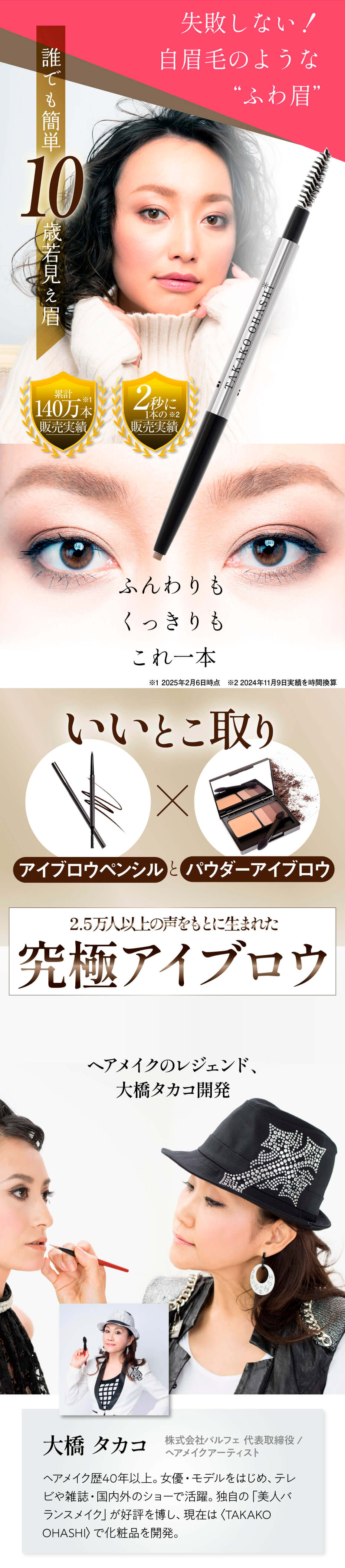 TAKAKO OHASHI 失敗しない！自眉毛のような“ふわ眉”だれでも簡単10歳若みえ眉。落ちないアイブロウ。累計140万本販売実績。2秒に1本の販売実績。ふんわりもくっきりもこれ一本。アイブロウペンシルとパウダーアイブロウのいいとこ取りアイブロウ。25000名以上の声をもとにうまれた究極のアイブロウ。ヘアメイクアーティスト大橋タカコ開発。ヘアメイク歴40年以上女優・モデルをはじめテレビや雑誌・国内外のショーで活躍。独自の「美人バランスメイク」が好評を博し、現在はTAKAKO OHASHIで化粧品を開発。眉毛の整え方から眉毛の白髪。眉の整え方もレクチャー。